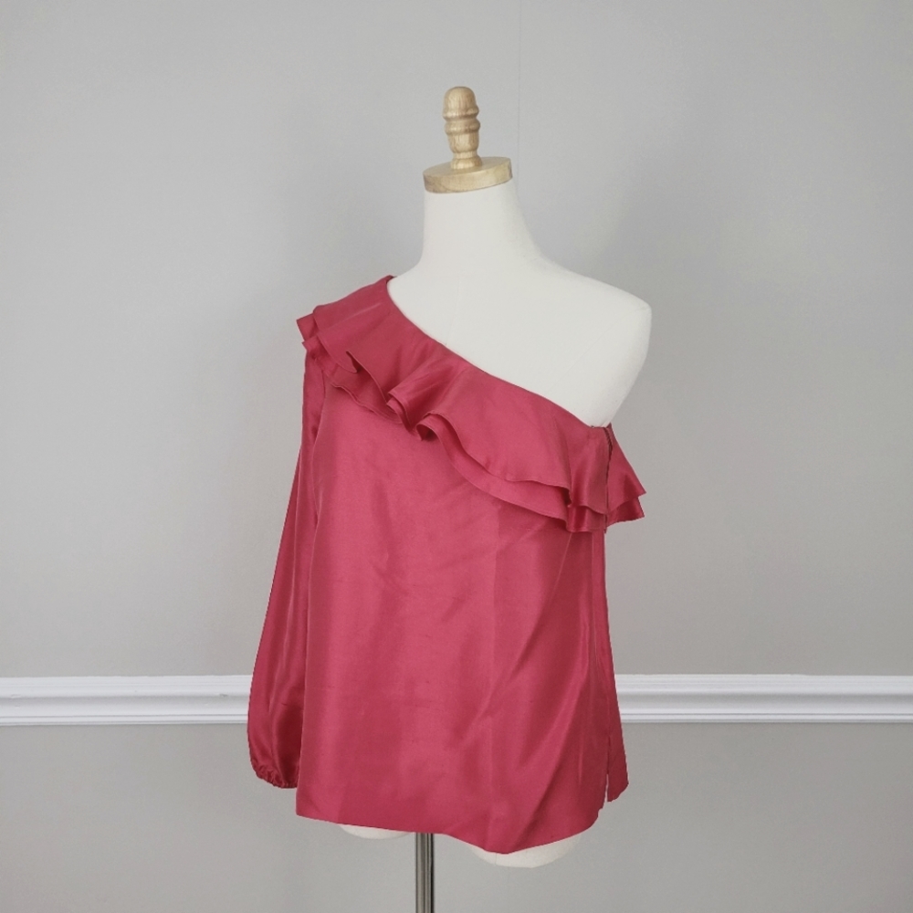 J Crew 100% Silk Pink Off the Shoulder  Ruffle Top Size 4 - Picture 2 of 9